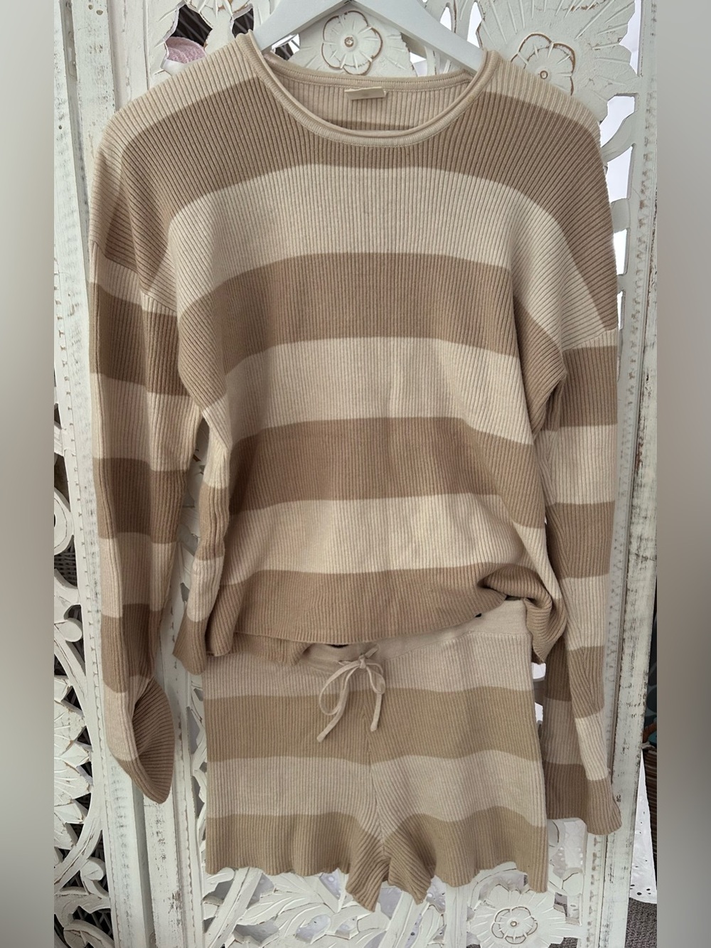 By Together Striped Ribbed Knit Crewneck Set in Cream and Tan